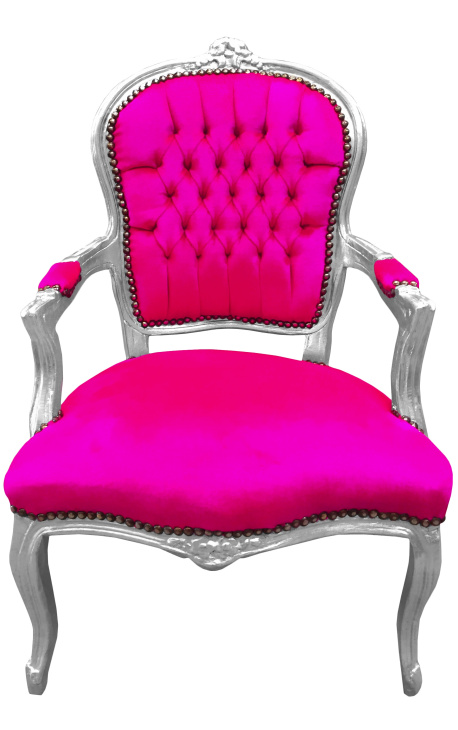 Fauteuil Louis XV de style baroque velours rose fuchsia et bois argenté - 1
