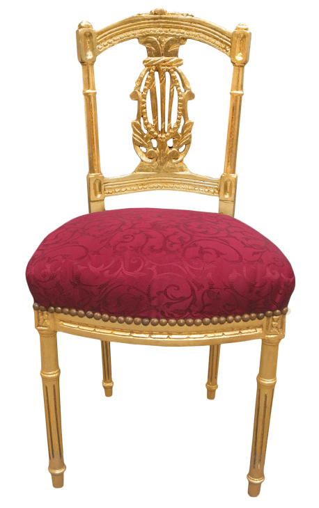 Sedia arpa con tessuto in raso rosso e legno dorato