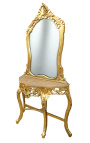 Console with mirror in gilded wood Baroque and beige marble