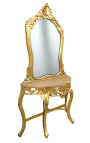 Console with mirror in gilded wood Baroque and beige marble