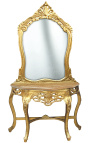 Consola amb mirall d'estil barroc en fusta daurada i marbre beix