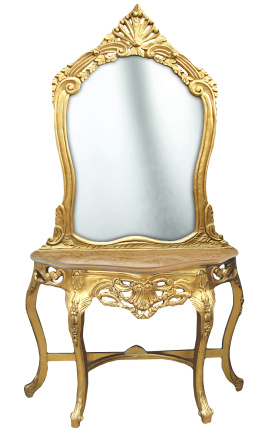 Consola com espelho estilo barroco em madeira dourada e mármore bege