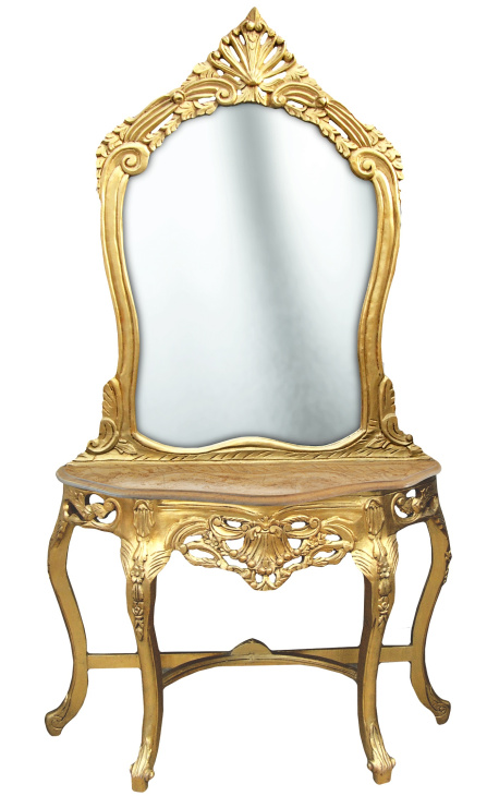 Konsol med spegel i förgyllt trä barock och beige marmor
