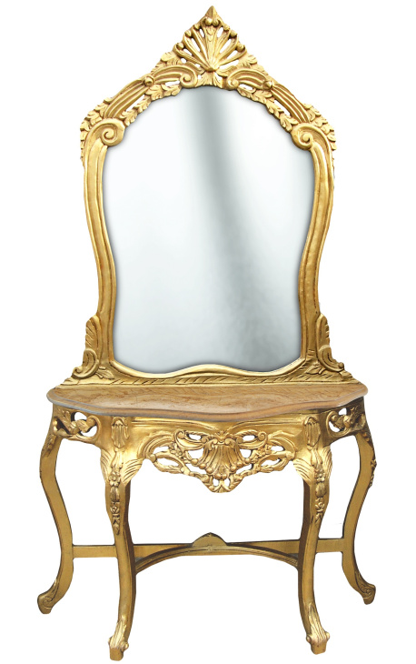 Console avec miroir de style baroque en bois doré et marbre beige