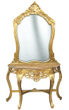 Console met spiegel in barok verguld hout en beige marmer
