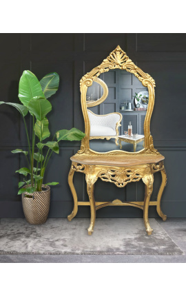 Consola com espelho estilo barroco em madeira dourada e mármore bege