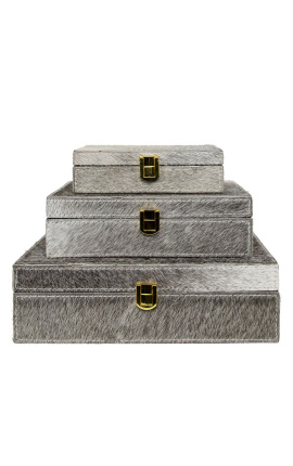 Četvrtasta kutija za nakit od sive kravlje kože (komplet od 3)