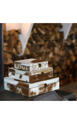 Brown and White Cowhide Square Jewelry Box Set (Set of 3)