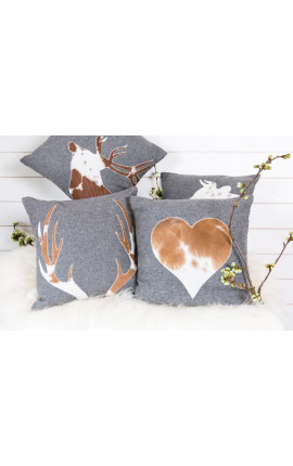 Square cushion in cowhide and wool &quot;heart&quot; 45 x 45