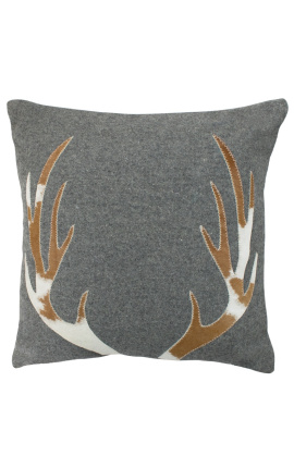 Square cushion in cowhide and wool "Deer antlers" 45 x 45