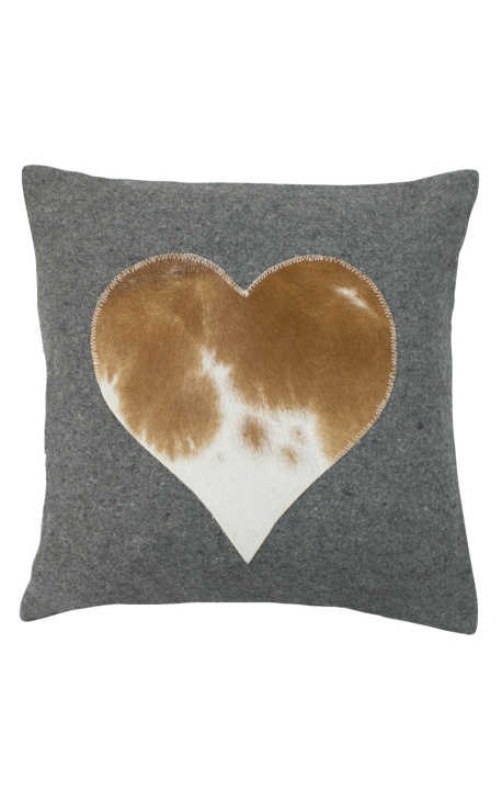Square cushion in cowhide and wool "heart" 45 x 45