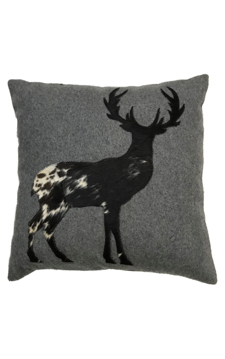 Square cushion in cowhide and wool "standing deer" 45 x 45
