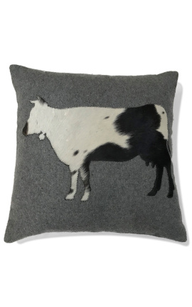Cuscino quadrato in pelle bovina e lana "mucca in piedi" 45 x 45