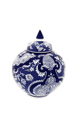 Round enamelled blue ceramic "Cashmere" decorative urn-type vase