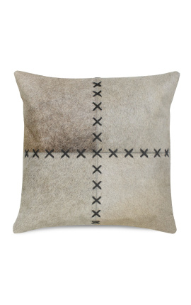 Square cushion in gray cowhide with braces 45 x 45