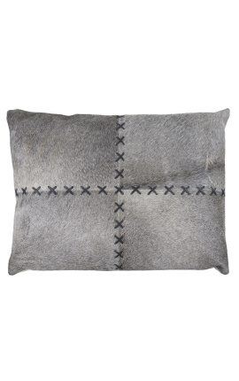 Cuscino rettangolare in pelle di mucca grigia con punti incrociati 45 x 35