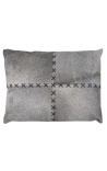 Rectangular cushion in gray cowhide with cross stiches 45 x 35