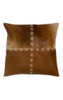 Square cushion in brown and white cowhide with cross stiches 45 x 45