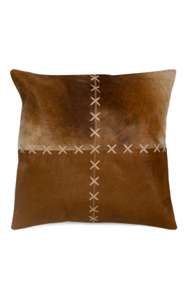 Cuscino quadrato in pelle di mucca marrone e bianca con punti incrociati 45 x 45