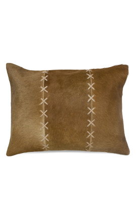 Cuscino rettangolare in pelle di mucca marrone e bianca con punti incrociati 45 x 35