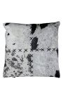 Cuscino quadrato in pelle bovina bianca e nera con bretelle 45 x 45