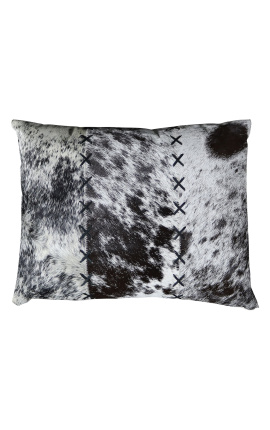 Rectangular cushion in black and white cowhide with cross stiches 45 x 35