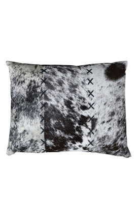 Coussin rectangulaire en peau de vache noir et blanc avec croisillons 45 x 35