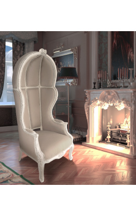 Grand fauteuil carrosse de style Baroque lin beige et bois beige patiné