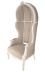 Grand fauteuil carrosse de style Baroque lin beige et bois beige patiné