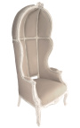 Grand fauteuil carrosse de style Baroque lin beige et bois beige patiné