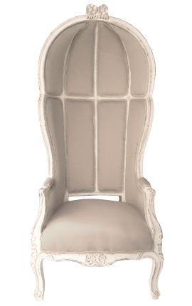 Grand fauteuil carrosse de style Baroque lin beige et bois beige patiné