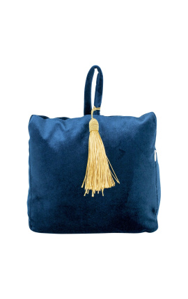 Cuscino a cuneo per porta in velluto blu navy con pompon