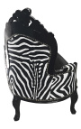 Grande chaise longue barroca preta imitação de couro e encosto de zebra e madeira preta