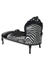 Grande chaise longue barroca preta imitação de couro e encosto de zebra e madeira preta