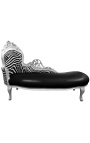 Grande chaise longue barroca preta imitação de couro e encosto de zebra e madeira prateada