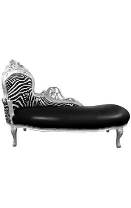 Chaise longue barroca gran imitació pell negra i respatller zebra i fusta platejada