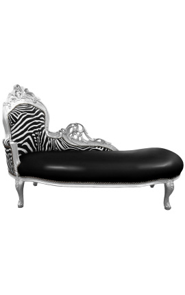 Grande chaise longue barocca similpelle nera e schienale zebrato e legno argento