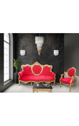 Sofá barroco tecido veludo vermelho e madeira dourada