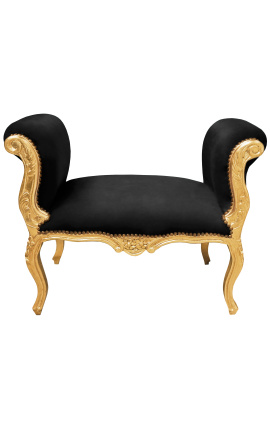 Bancada barroca estilo Luís XV com tecido de veludo preto e madeira dourada