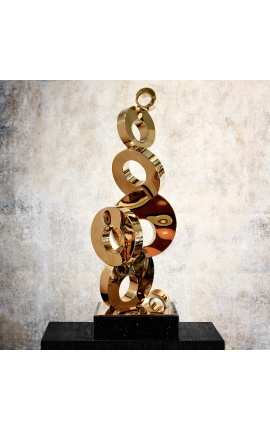 Large contemporary sculpture of tangle of golden discs