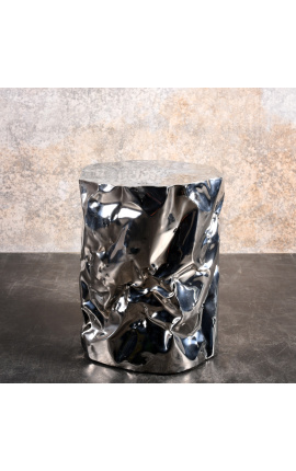 Cylindrical sculpture in silver steel with crumpled effect or end of sofa