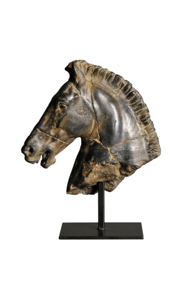 Escultura &quot;cabeza de caballo de Monti&quot; negro sobre soporte de metal negro