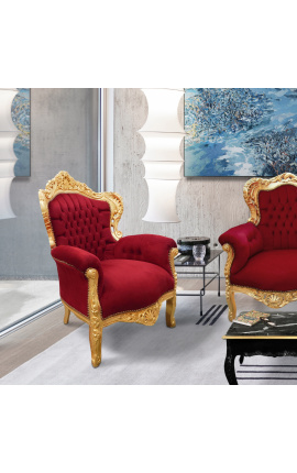 Iso barokkityylinen nojatuoli punaista viininpunaista samettia ja kultapuuta