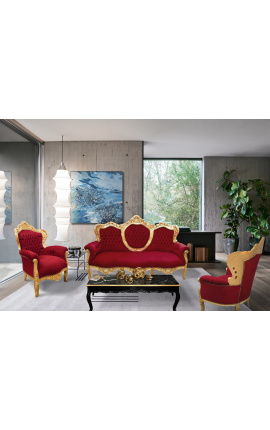 Barockes Sofa aus rotem Burgunder-Samt und vergoldetem Holz