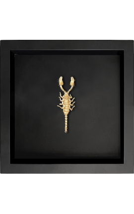 Decorative frame on black background with gold-colored "Heterometrus spinifer" scorpion