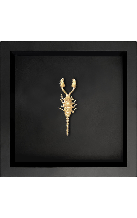 Decorative frame on black background with gold-colored "Heterometrus spinifer" scorpion