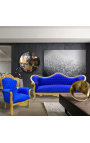 Poltrona grande estilo barroco tecido de veludo azul e madeira dourada