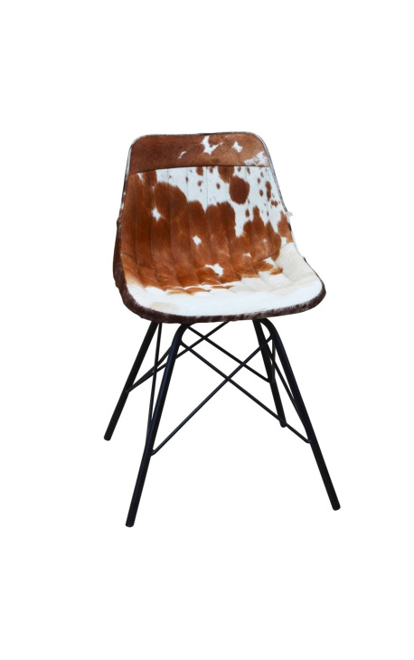 Καρέκλα τραπεζαρίας «Nalia B» από δέρμα αγελάδας καφέ και λευκό