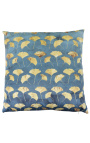 Square cushion in blue velvet with golden Ginkgo 45 x 45