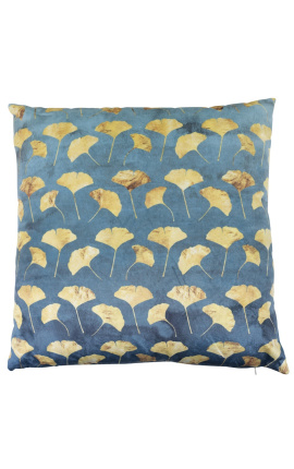 Kwadratowa poduszka z niebieskiego aksamitu ze złotym miłorzębem 45 x 45